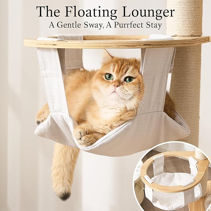 797Audio Wood Modern Cat Tree, 61.5" Cat Tower with Sisal Scratching Posts, Cat Condo, Capsule,Hamnock and Spinner Toy, Solid Wooden Aesthetic Multi-Level Cat Climbing Tree for Adult Indoor Cats-White
