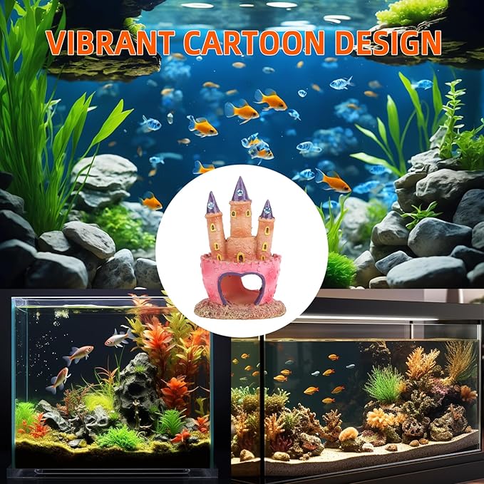 3D Resin Aquarium Decoration Castle – Cartoon Fish Tank Ornament, Non-Toxic Safe for Freshwater/Saltwater Tanks, Colorful Design, Enhances Underwater Environment (Multicolor)