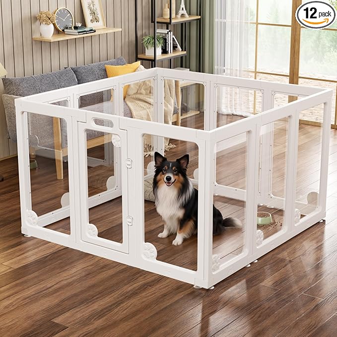 Clear Acrylic Dog Play Pen Indoors 30", 12 Panels Transparent Puppy Playpen with Door for Small Dogs Puppies, Modular Plastic Pet Playpen Cage Fence Crate for Cat Kitten Rabbit, White