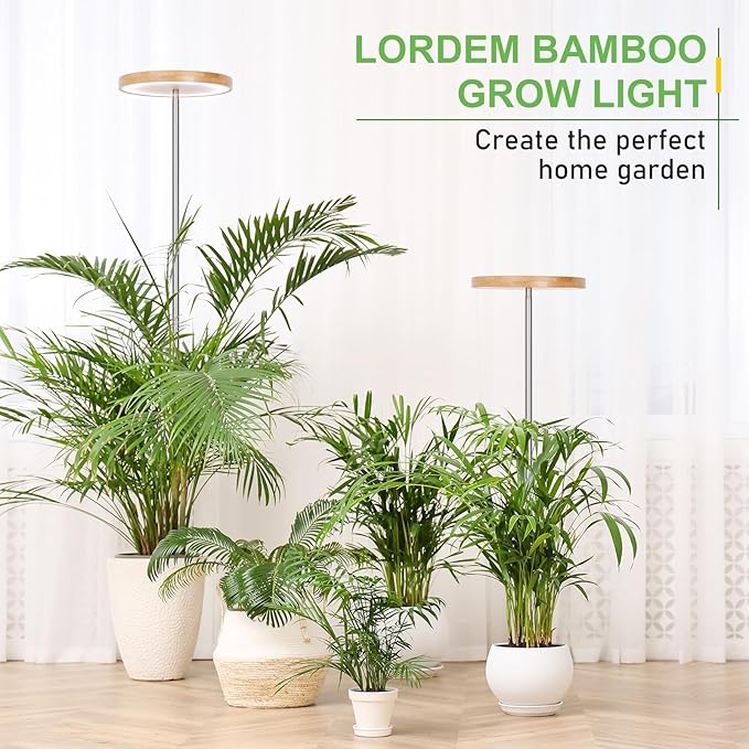 LORDEM Bamboo Grow Light for Indoor Plants, 2 Pack | Full Spectrum LED, Height Adjustable, Auto Timer 4H/8H/12H, 4 Dimmable Levels, Ideal for Large Tall Plants