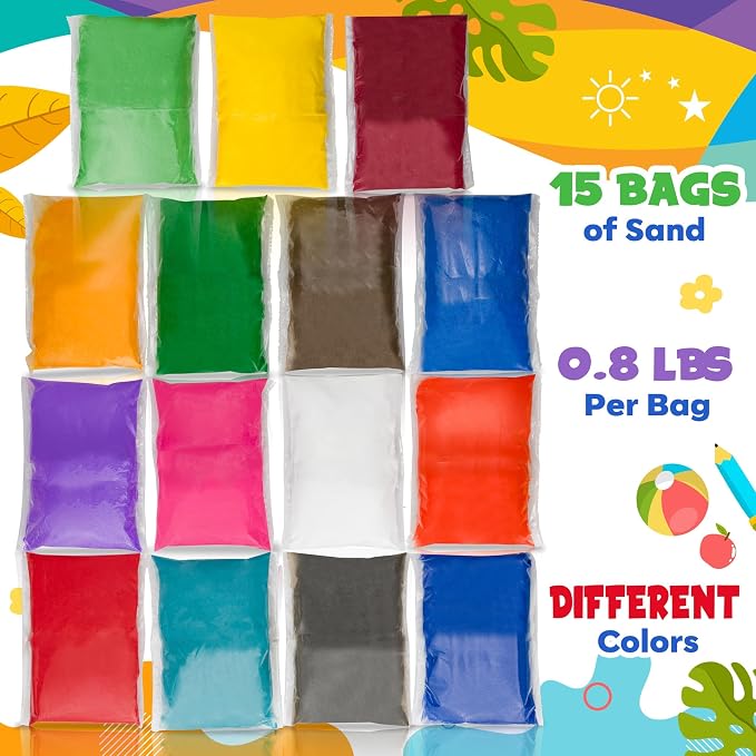 Colored Sand for Sand Art [15 Colors: 12 lbs], Colored Sands Bulk, Delightful Sands Art Fun for Crafts, Parties, Children, Nice Colorful Fun Sandy Crafts for Kids Age 3+, Non-Toxic, 15 Bags