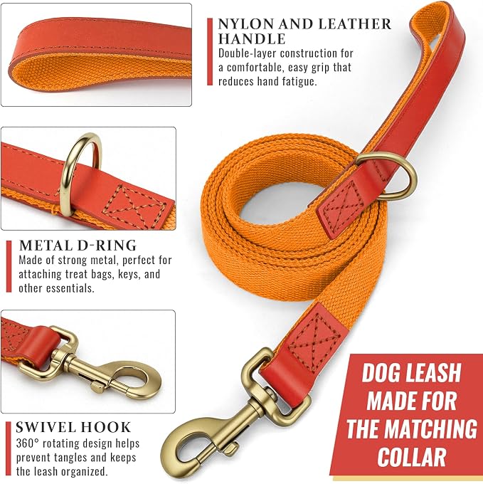 Dog Collar and Leash Set with Metal Quick Release Buckle, Adjustable, Breathable Nylon, Durable, Soft and Comfortable, No Pull for Walking and Training, Orange, L (14.9"-22.8")