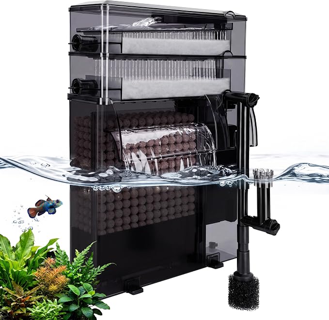 3-Tier Wet-Dry Hang-On-Back HOB Aquarium Power Filter, Multi-Stage Filtration with Oil Skimmer and One-Click Drain, Quiet Pump for 20-75 Gallon Freshwater Saltwater Fish Tank & Turtle Habitats