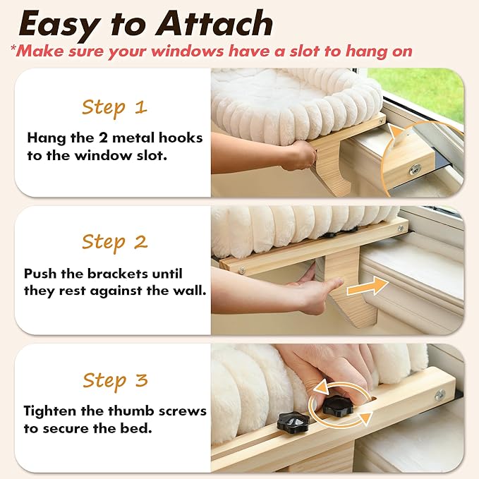 Zoratoo Cloud-Cuddle Cat Perch for Window Sill with Bolster, Natural Wood & Metal Frame Cat Window Seat for Large Cats, Easy to Adjust Zipper Cushion Pet Bed for Windowsill (Medium)