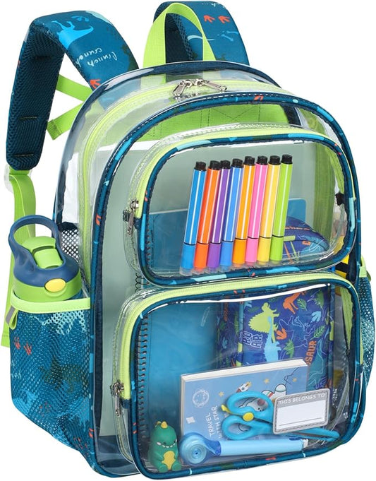 Bagseri Clear Backpack for Boys - 15 Inch Heavy Duty Kids Clear Bookbag for Kindergarten to Grade 2, Transparent School Bag with Reflective Strip, Fits Folders, Green Dinosaur