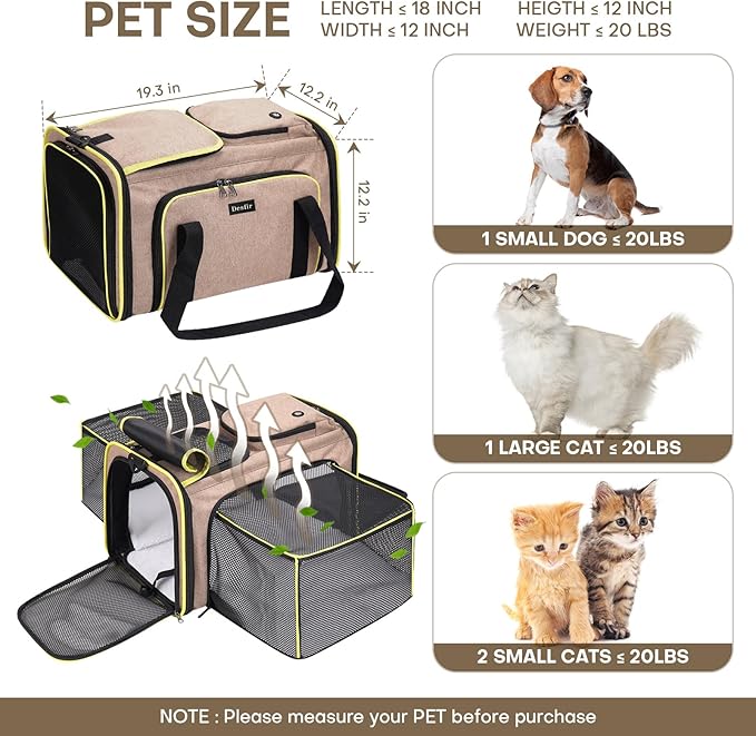 Expandable Cat & Dog Carrier, Large Expandable Collapsible Travel Bag with Safety Zippers, 3 Open Doors, Removable Fleece Pad for Puppies & Small Animals, Airline Approved (Brown)