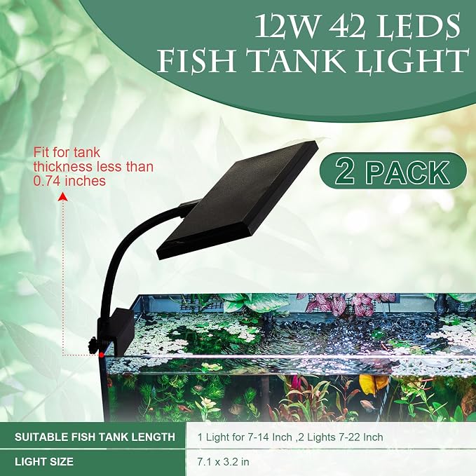 Rossesay 2 Pack Clip-on LED Aquarium Light for Plants, Full Spectrum Fish Tank Light with 42 Leds, 12w Dual Gooseneck, 360° Adjustable White Blue Red Green Leds, Fits 7-22 Inch Freshwater Planted Tank
