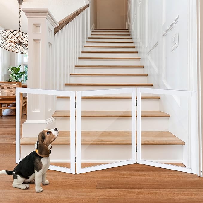 LZRS Clear Dog Gate for Indoor Use - Transparent Pet Fence with Solid Hardwood and Plastic Board, Stylish & Durable freestanding Pet Gate for Doorways, Stairs and Hallways, Off White