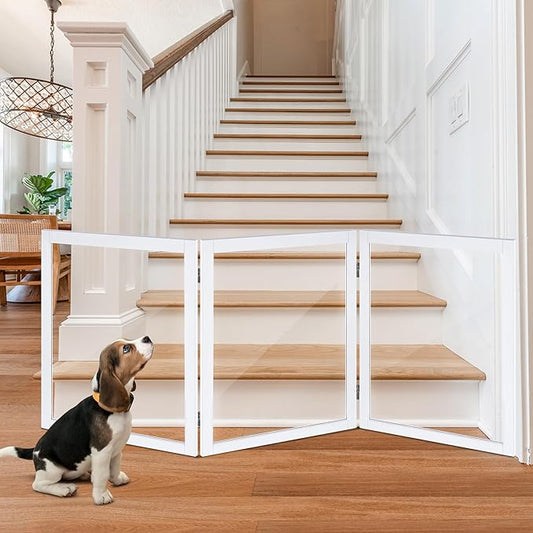 LZRS Clear Dog Gate for Indoor Use - Transparent Pet Fence with Solid Hardwood and Plastic Board, Stylish & Durable freestanding Pet Gate for Doorways, Stairs and Hallways, Off White