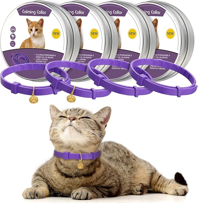 Weewooday 4 Pcs Cat Calming Collar Adjustable Pheromones Scent Relaxing Cat Collar with 2 Pendant for Puppies Reduce Stress Aggression Anxious, up to 15 Inches(Purple, Gold)