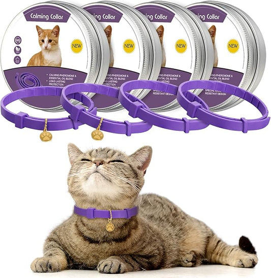 Weewooday 4 Pcs Cat Calming Collar Adjustable Pheromones Scent Relaxing Cat Collar with 2 Pendant for Puppies Reduce Stress Aggression Anxious, up to 15 Inches(Purple, Gold)