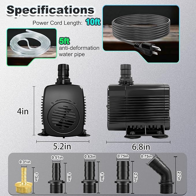 800GPH Submersible Fountain Pump with Tubing 10ft Outdoor Cord for Garden | Overheat Protection, Ground Cord with 3-Prong Plug Safer for Indoor and Outdoor Use