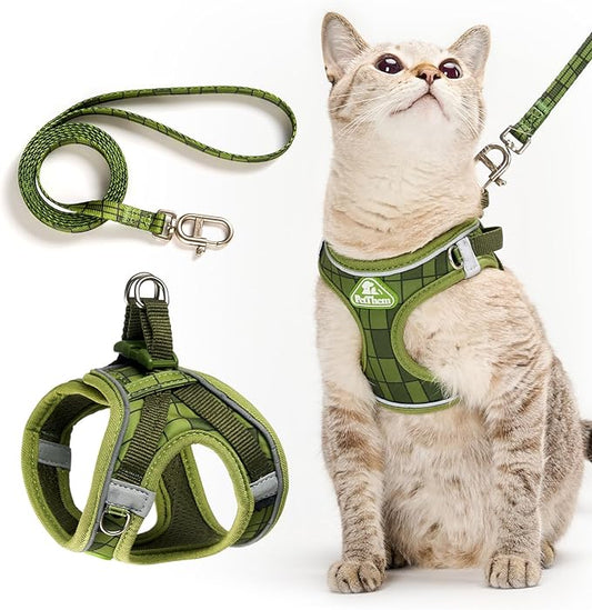 PetThem Upgraded Cat Harness and Leash Set - Step-in Escape Proof Adjustable Cat Harness, Comfortable Soft Lightweight, Reflective Harness for Walking, Travel, Camping (Growling Crocodile, XS)