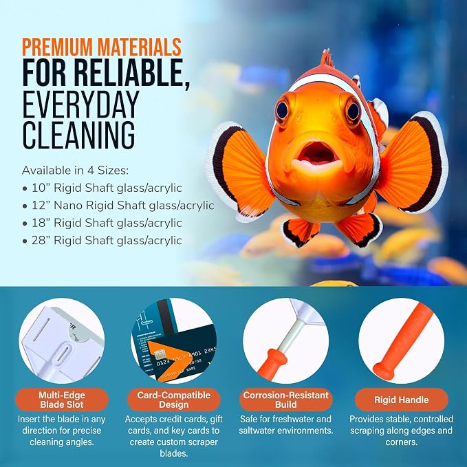 FLIPPER Platinum Hand Algae Scraper – Aquarium Glass and Acrylic Cleaner with Precision Scraper Design, Fish Tank Cleaning Tool for Freshwater & Saltwater Aquariums (28” Rigid Shaft)