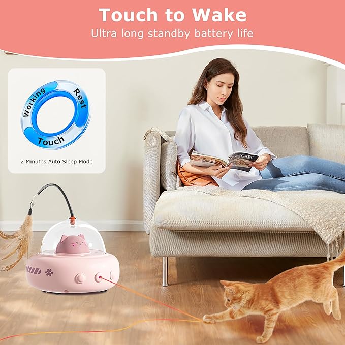 hooroor 2-in-1 UFO Laser Cat Toy with Feather, Automatic Motion Smart Sensor Interactive Toy for Indoor Cats&Small Dogs, Rechargeable Obstacle-Avoidance Exercise Toy, Self-Play Pet Gift Pink Updated
