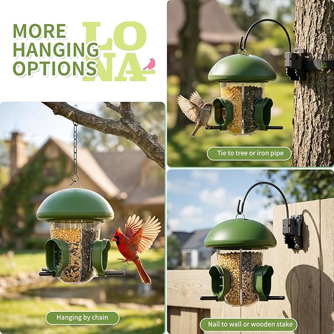 LONA Bird Feeders for Outdoors Hanging – 3 Separate Compartments, 3 Feeding Ports, Weatherproof Dome & 3 Ways to Hang, Large Capacity for Cardinals/Finches (Green