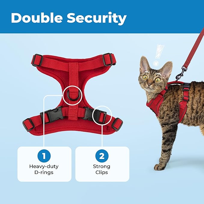 Voyager Escape-Proof Step-in Lock Cat Harness & 5ft Neoprene-Handle Leash Set All-Weather Mesh with Reflective Stitching for Small to Large Cats by Best Pet Supplies, Red (327), XS