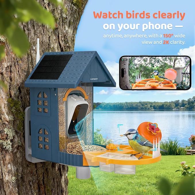 Smart Bird Feeder with Camera Outdoor Birdhouse:AI Identifies 11000+ Species, Features 3K HD Quality and Arrived Alerts Function,Powered by 3 Solar Panels,Gifts for Mom Dad Bird Lovers