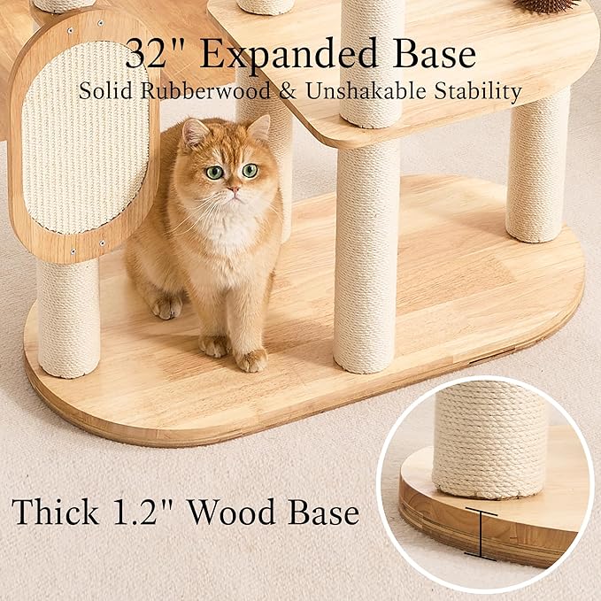 797Audio Modern Wood Cat Tree Tower, 60" Cat Tree with Sisal Scratching Posts, Capsule and Scratch Pad for Indoor Cats, Solid Rubber Wooden Cat Tree,Large Platform Multi-Level Tree for Large Adult Cat