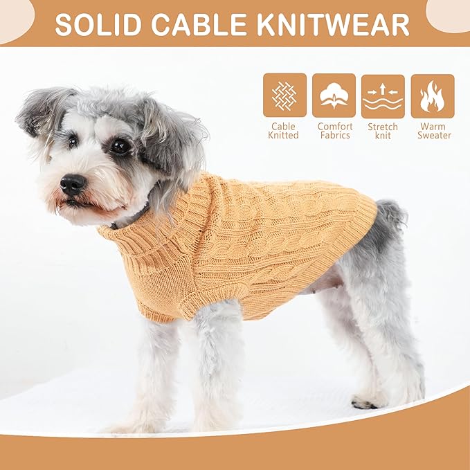 Dog Sweaters Small Dog Clothes for Winter Solid Knitted Puppy Sweater Warm Pet Cat Sweater Doggy Pullover Outfit with Heart-Shape Design(Light Brown,Large)