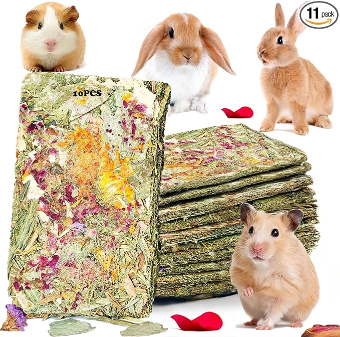 Rabbit Toys 10 Pack Bunny Toys Bunny Chew Toy Guinea Pig Treats Timothy Hay Toy Chips with Herbal Flowers Timothy Hay Grass Hamster Snacks Chinchillas Gerbils for Small Animals Teeth