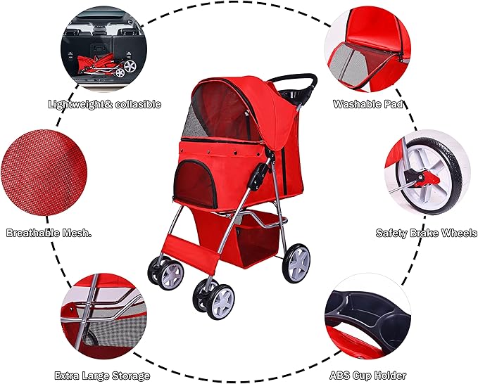 Elevon Pet Stroller, 4 Wheels Multifunction Dog Cat Stroller, Folding Portable Travel Stroller with Detachable Carrier, Suitable for Medium Small Dogs Cats, Red