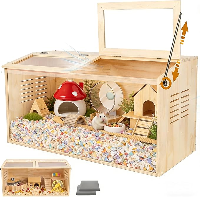 Wooden Hamster Cage,32" Lx16 Wx16 H,2 Washable Liner, Animal Cabinet for Dwarf Syrian Hamsters Degus, Hamster Habitat with Openable Top and Large Acrylic Sheets, Natural Wooden Hamster Habitat