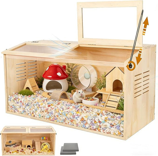 Wooden Hamster Cage,40" L x 20" W x 20" H Animal Cabinet for Dwarf Syrian Hamsters Degus, Hamster Habitat with Openable Top and Large Acrylic Sheets.