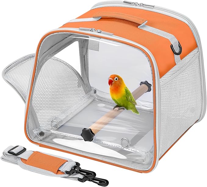 Small Bird Carrier, Large Window Travel Cage with Stand and Easy Clean Tray for Parrot Parakeet Cockatiels, Lightweight and Portable, Orange H