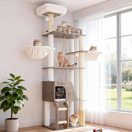 Hey-brother Wooden Cat Tree, 69.7 inch Cats Furniture Tower with Large Platforms, Hammocks, Spacious Condo, Full Sisal Scratching Posts, Ladder, Brush, Water Proof Surface, Rustic Gray MPJ121SG