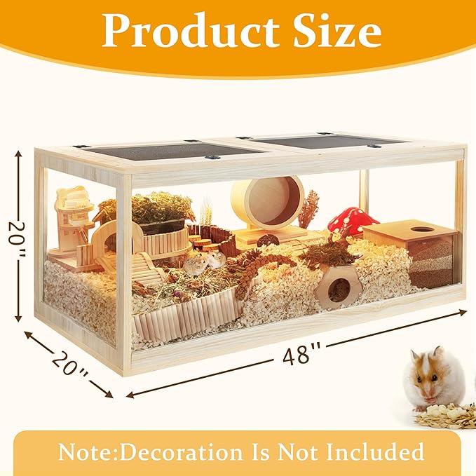 PROLEE Hamster Cage with Metal Mesh Top, Chewproof Wooden Guinea Pig Cages, Mice and Rat Habitat,Large Hamster Cages with Acrylic Sheets Solid Built (48X20X20 Inch)