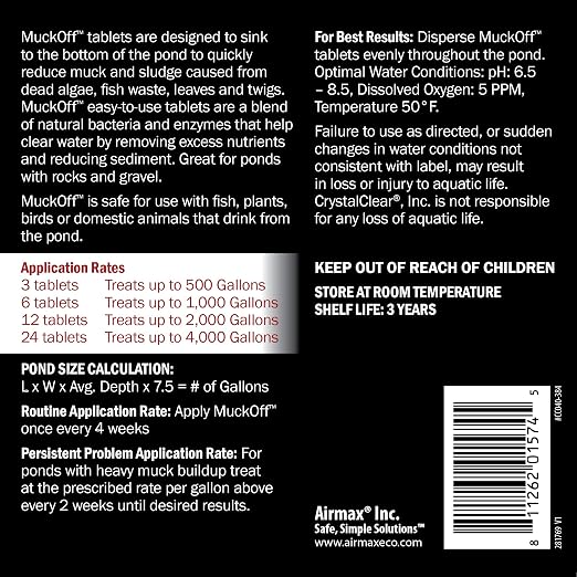 CrystalClear MuckOff Natural Pond Muck Treatment Sludge Remover, 48 Tablets | Living beneficial bacteria clarifier with enzyme for water gardens, fountains & bird baths; fish, aquatic animal & pet safe