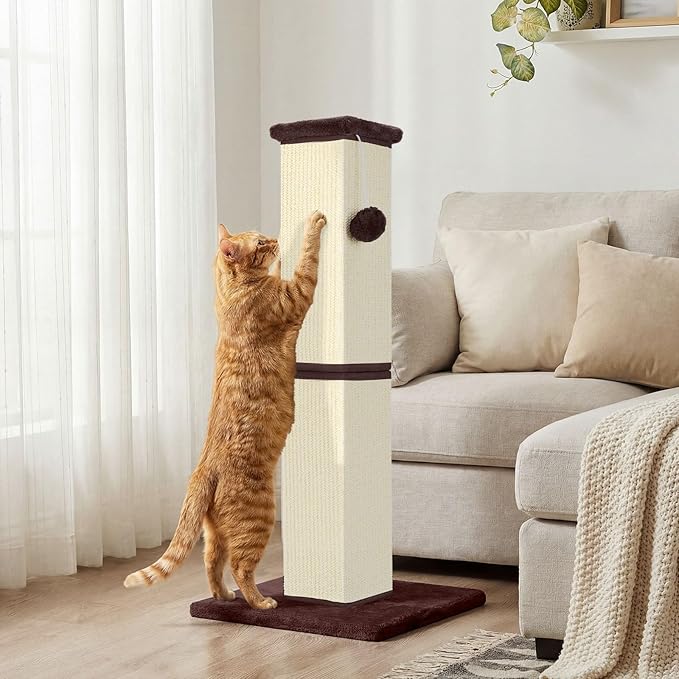 Cat Scratching Post 32 Inch for Indoor Large Cats and Kitten, Nature Sisal Tall Cat Scratch Post, Sisal Cat Scratcher Improve Cat's Scratching Habits and Protect Your Furniture, Beige