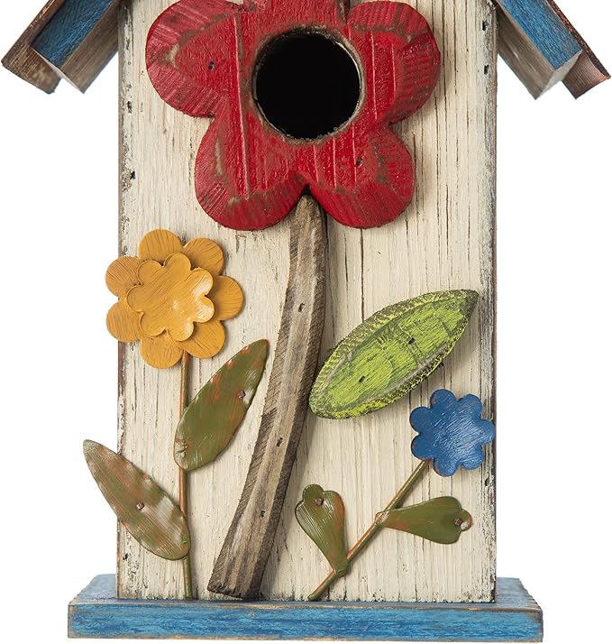 Glitzhome Bird House for Outdoor Hanging, 10.2" H Garden Decorative Birdhouse Pet Cottage Distressed Wooden Bird House for Outside, Bird Nest Box for Bluebird Wren Chickadee Sparrow, Flower White