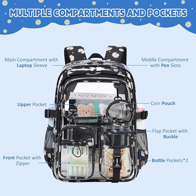 Clear Backpacks for Stadium Events Heavy Duty Clear Bookbag for School Girls Transparent Back Pack, Black