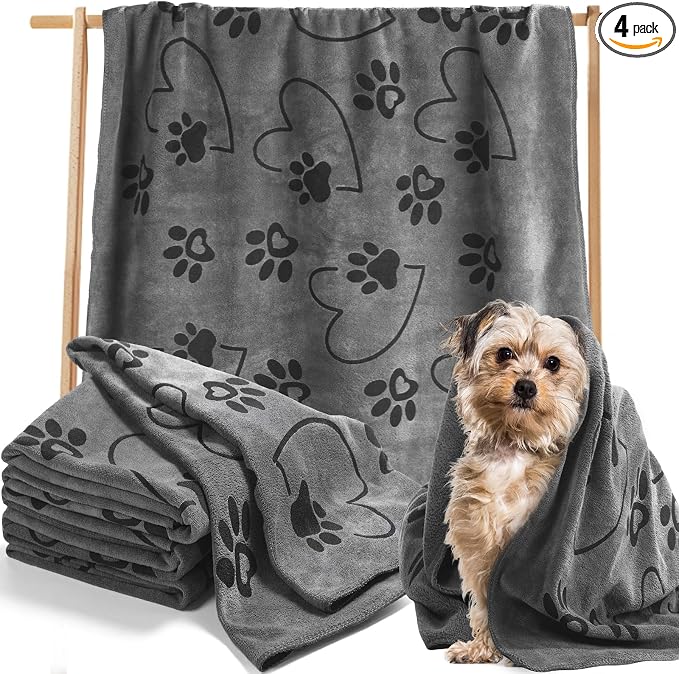 Fanfanwin 4 Pcs Dog Bath Towels Microfiber Drying Dog Towel Absorbent Pet Heart Paw Towels for Medium Dogs Puppy Cats Pets Shower(Gray)