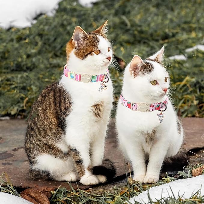 ARING PET 2 Pack Cat Collars-Cute Breakaway Summer Cat Collar with Bell & Pendant, Adjustable Strawberry&Ice Cream Pattern Kitten Collars with Safety Buckle for Girl and Boy Cats