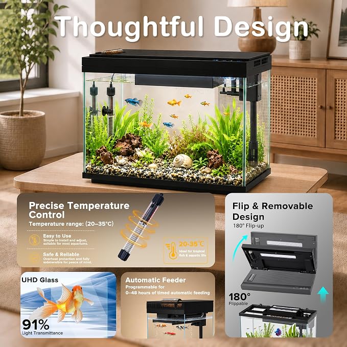 Vehipa Smart Fish Tank, 5 Gallon Aquarium Kit Ultra-White Glass | with App Control, Heating, Multi-Filtration System, Auto Feeder, 8-Color LED Light