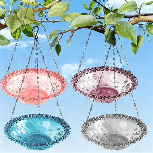 4 Pack Hanging Bird Baths Bowl Outdoor Bird Feeder 15.7 Inch Metal Chains, Weather-Resistant Hanging Bird Feeder & Bath Tray for Garden, Patio, Backyard Wildlife Decor (4Pcs Color)
