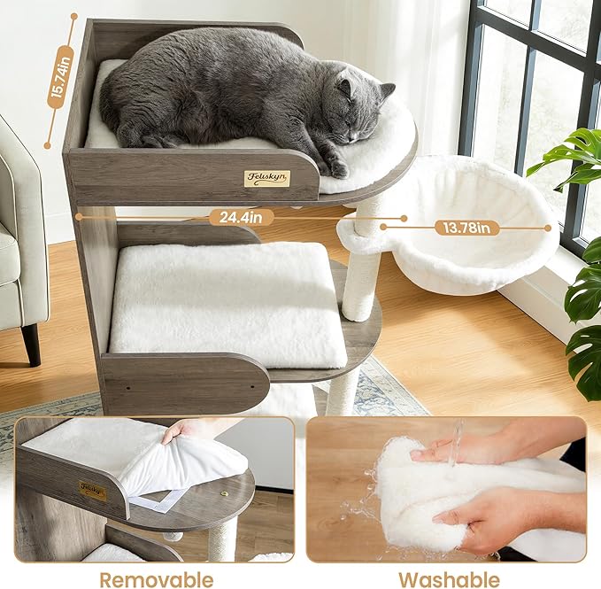 Modern Wood Cat Tree Tower for Indoor Large Cats, Cat Scratching Posts with Big Perch Bed, 44.8" Tall Multi-Level Wooden Cat Condo with Hammock, Removable Pads, Kitty Furniture, Greigy