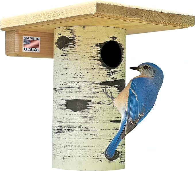 DutchCrafters Cedar Wood Pole Mount Gilbertson Bluebird House with Removable Base, Weatherproof Wooden Birdhouse Blue Bird Nesting Box for Outdoors