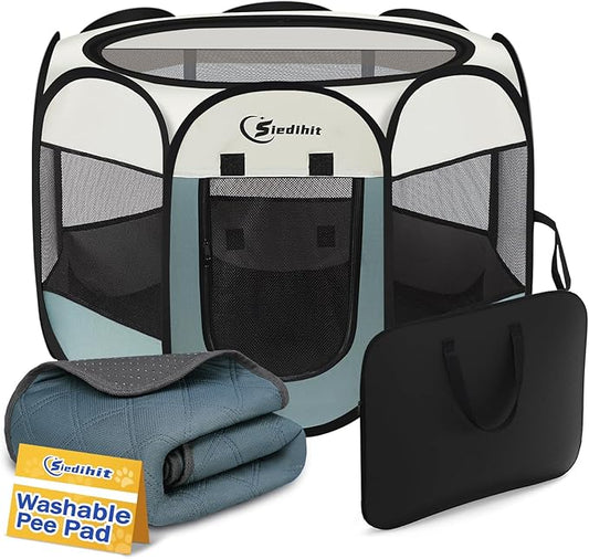 Siedihit Medium Dog Cat Playpen, Puppy Pet Playpen Indoor for Dog Crate Tent Cage Outdoor, Portable Pop Up Dogs Enclosure Kennel with Carrying Case for Dogs/Cats/Rabbits (Grey with Pad, Medium)