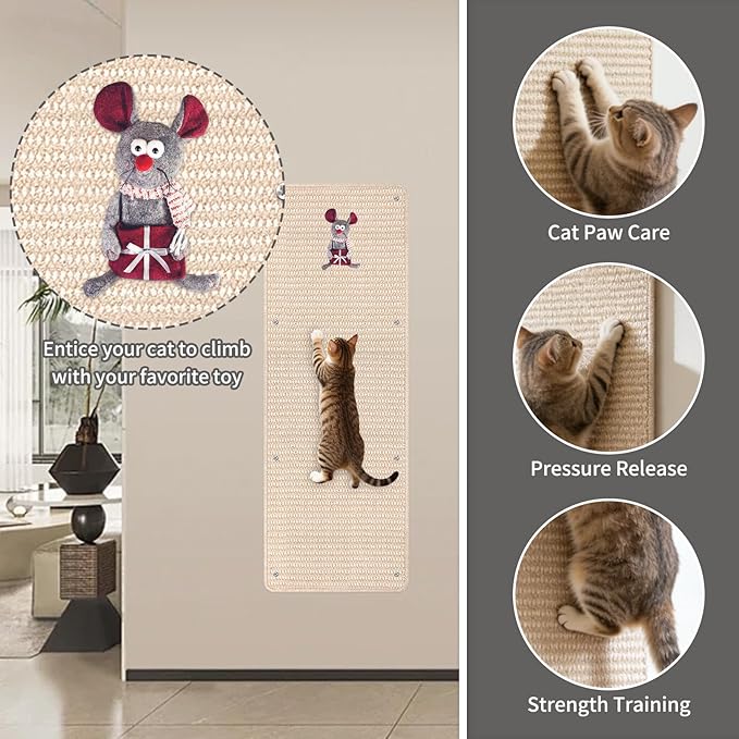 FHTONGE 39.4x15.8 Thickened Cat Wall Climbing Carpet with 16 Fixed Nails, Extra Large Tall Cat Scratch Pad for Wall, Wall Mounted Climbing Cat Scratcher for Furniture Couch Sofa Protector(Oat Color)