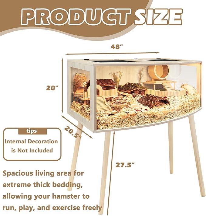 PROLEE Hamster Cage with Curved Design, Chew Proof Wooden Hamsters Enclosure with Leg Stand and Openable Top for Gerbils, Hamster Habitat (48"x20"x20")