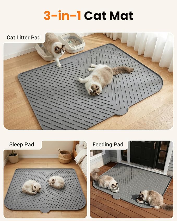 Cat Litter Box Mat, 47" x 37" Extra Large Cat Litter Mat, Silicone Waterproof Litter Trapping Mat for Scatter Control Soft on Kitty Paws Non-Slip Easy to Clean（Grey)