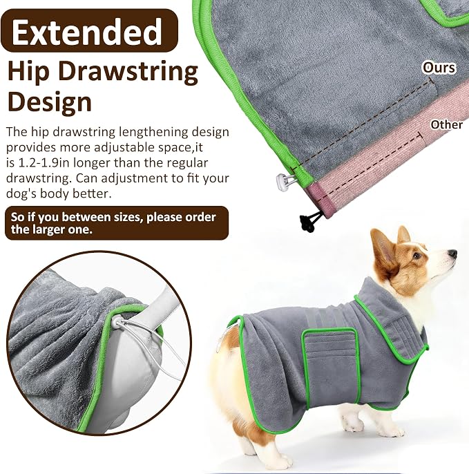 Soft Dog Bathrobe Fast Drying Dog Coat, Super Absorbent Dog Towels for After Bath, Microfiber Pet Robe Adjustable Collar & Belly Warm Keeping Dogs Coat for Pet Dogs & Cats (Grey, Medium)