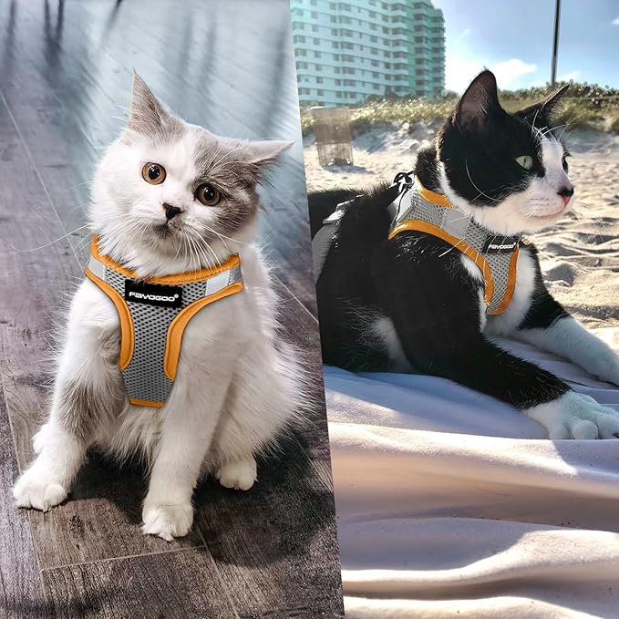 FAYOGOO Cat Harness and Leash Set | Upgrade Step-in Escape Proof Harness | Lightweight Soft Vest, No-Choke Design for Walking, Travel, Camping (Gray)