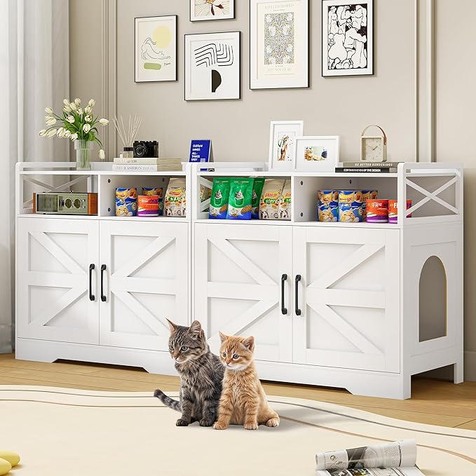 OtterOasis Cat Litter Box Enclosure, Ultra-Large Hidden Litter Box Furniture with Top Opening, Anti-Tipping Fence and 2 Open Drawers, Litter Box Cabinet End Table, White