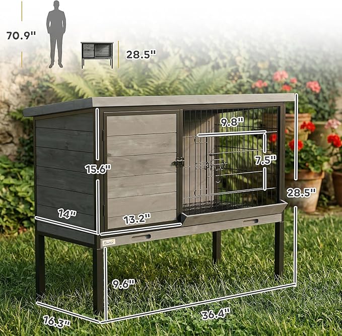 PawHut Elevated Rabbit Hutch Outdoor, Wooden Rabbit Cage Bunny House with Pull-Out Tray and Openable Plastic Roof for Indoor Outdoor, Light Gray
