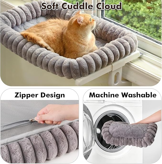 Zoratoo Cloud-Cuddle Cat Window Perch with 4-Sided Bolster, Zipper Design Cushion Window Seat for Window Sill, Sturdy Metal Frame & Easy Assembly Pet Hammock Bed for Indoor Cats (Gray, Medium)
